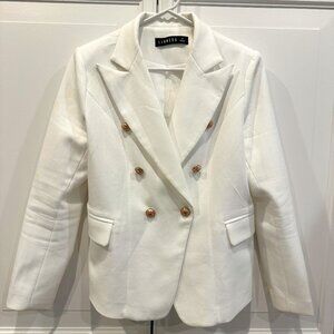 White double-breasted blazer with brass buttons